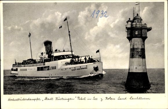 Ak Nordseebäderdampfer Stadt Rüstringen, Fahrt in See zum Roten Land-Leuchtturm
