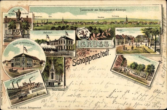 Chromo-Litho Schöppenstedt in Lower Saxony, total view, war memorial, sugar factory, market, hotel