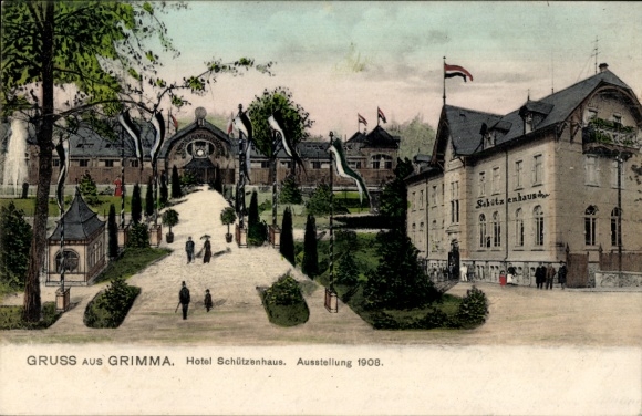 Ak Grimma in Sachsen, Hotel Schützenhaus, Gewerbeausstellung 1908