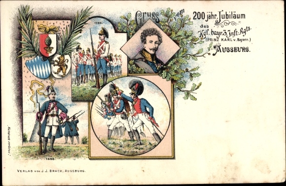 Chromo-Litho Augsburg in Swabia, Royal. Bavarian 3rd infraction Regt. Prince Karl of Bavaria, 200th anniversary