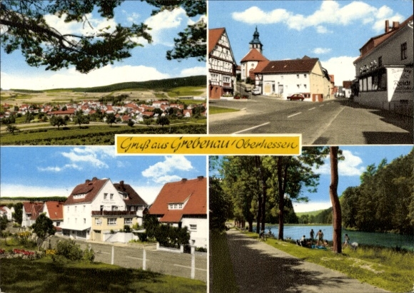 Postcard Grebenau in Hessen, panorama, street section, partial views