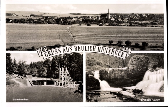 Postcard Beulich in the Rhein Hunsrück district, swimming pool, Ehrbach Gorge, panorama of the place