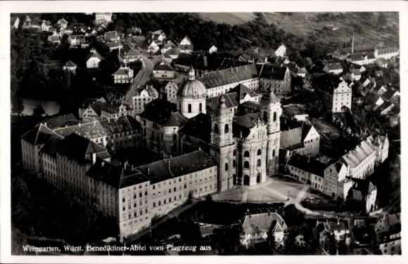 Postcard Weingarten in Württemberg, Benedictine Abbey, aerial photograph