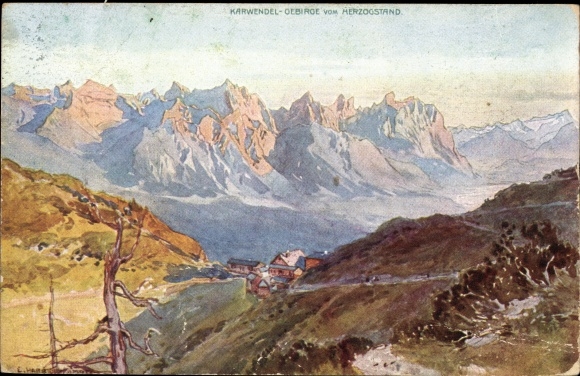 Kunstenaarskaart Compton, Edward Harrison, Mittenwald in Opper-Beieren, bergen vanaf de Herzogstand