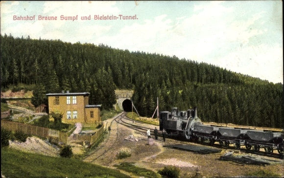 Postcard Blankenburg am Harz, Braune Sumpf station and Bielstein tunnel, Harz cog railway