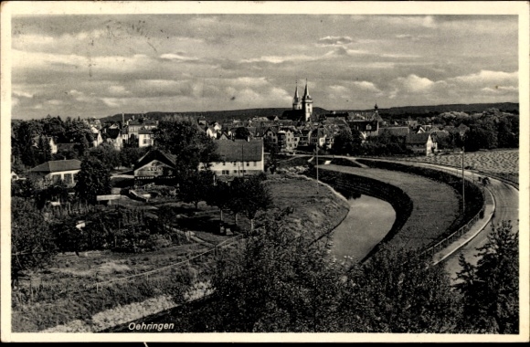 Postcard Oehringen Öhringen in the Hohenlohekreis Württemberg, city view with river in the foreground, cloud