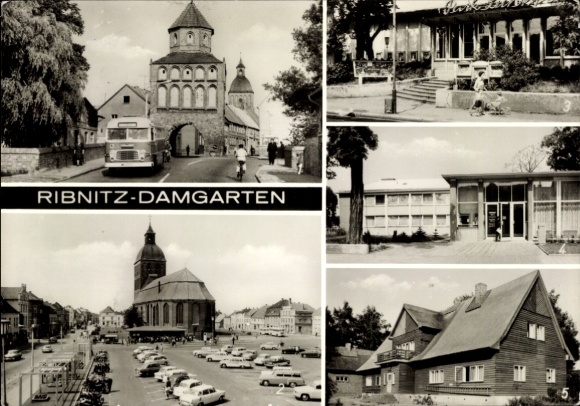 Ak Ribnitz Damgarten, Rostocker Tor, Karl Marx Platz, postkantoor, jeugdherberg, parkverlichting