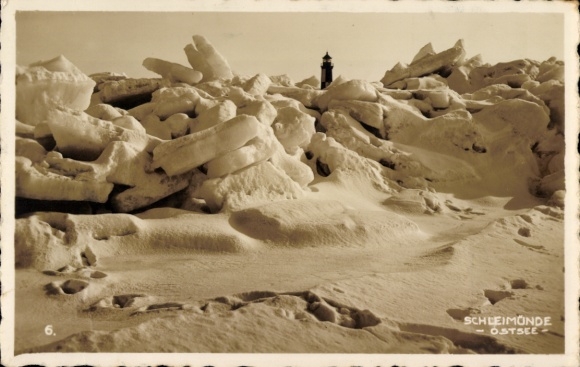 Foto Ak Kappeln an der Schlei, Lotseninsel Schleimünde, Leuchtturm, Winter, Eisschollen