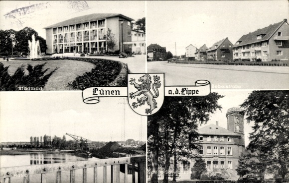 Coat of arms Postcard Lünen in North Rhine Westphalia, public baths, Bebelstraße, harbour, Schwansbell Castle