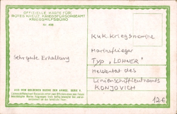 Artist Postcard Straka, Willy, Lieutenant Konjovich, Naval Aviator Lohner, Kuk Kriegsmarine