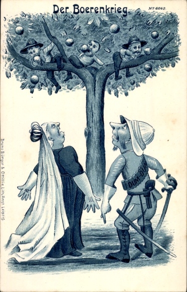 litho Boerenoorlog, Zuid-Afrika, Engeland, Koningin Elizabeth, president Kruger, karikatuur