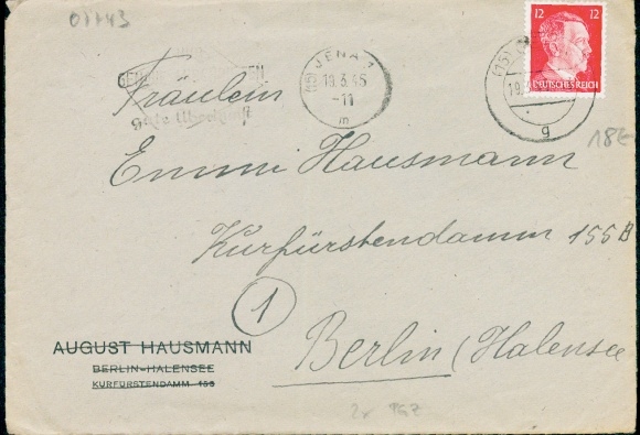(15) Jena / g / 19.03.1945 auf Brief mit 12 Pf Hitler