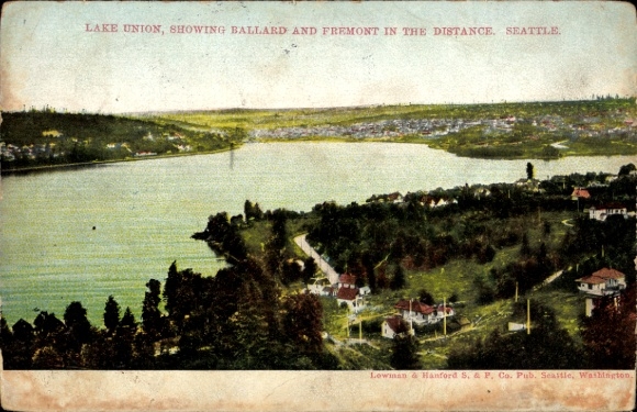 Ak Seattle Washington USA, Lake Union, Ballard und Fremont in der Ferne,   von Lewinan & Hanford