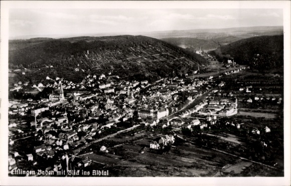 Postcard Ettlingen in Baden, aerial view of Albtal, city view, churches, houses