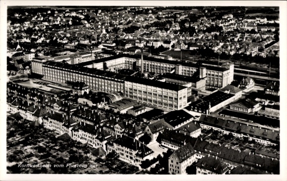 Postcard Kornwestheim in Württemberg, aerial view of industrial buildings, residential buildings, landscape