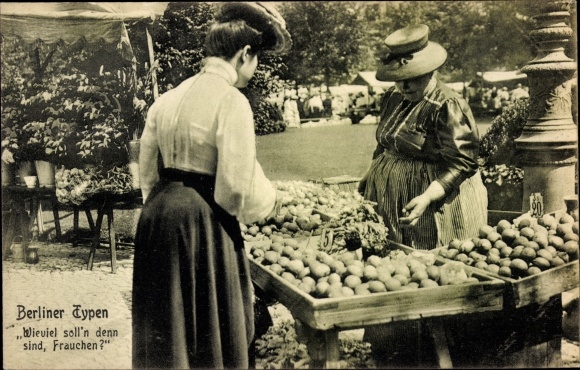 Postcard Berlin, dealer, market, stand, how much should it be, mistress?, Berlin types