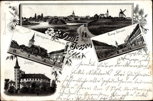 litho Jessen in Saksen-Anhalt, marktplein, lange straat, stadskerk, kasteel, windmolen