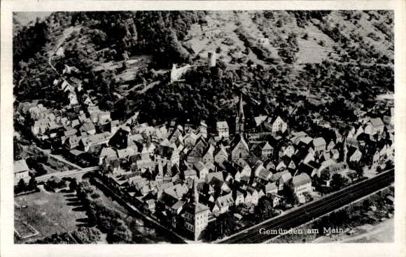 Postcard Gemünden am Main Lower Franconia, aerial photograph