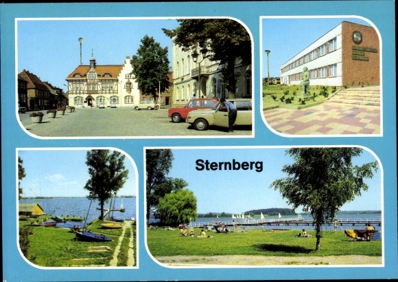 Ak Sternberg w Meklemburgii, Karl Liebknecht Platz, powiatowy dom kultury Benno Voelkner, jezioro, odkryty basen