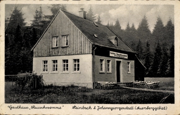 Postcard Steinbach Johanngeorgenstadt in the Ore Mountains, Gasthaus Sauschwemme, owner Erich Reuschel