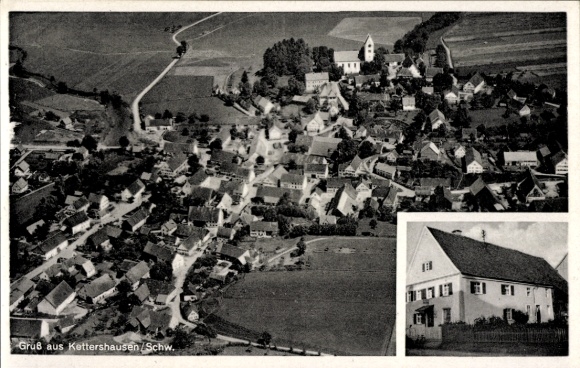 Postcard Kettershausen in Swabia, aerial photograph, commercial building A. Löfflad