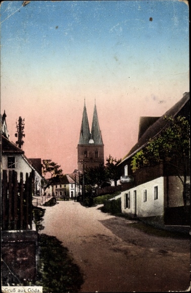 Ak Göda in Sachsen, straatgedeelte met kerk