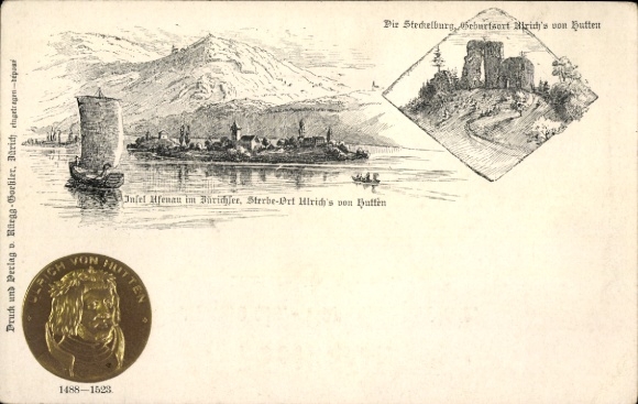 Wytłoczony litho Ulrich von Hutten, wyspa Ufenau na Jeziorze Zuryskim, Steckelburg, zamek Steckelberg