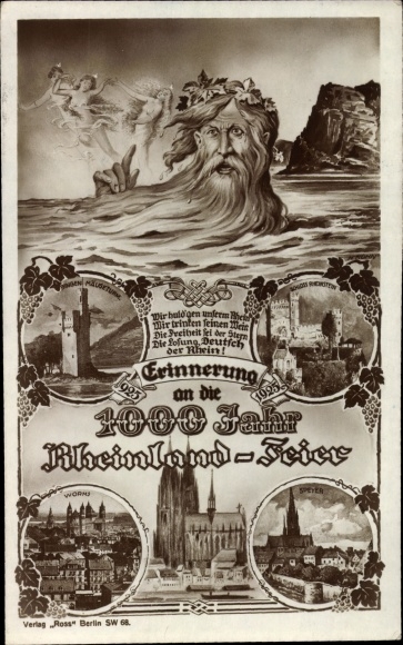 Postcard 1000-year celebrations of the Rhineland, Father Rhine, Cologne Cathedral, Bingen Mouse Tower, Rheinstein Castle