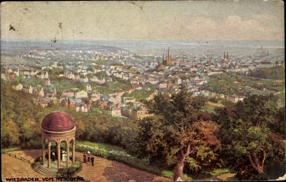 Ak Wiesbaden in Hessen, Aussicht auf  Neroberg, Menschen, Pavillon, Landschaft