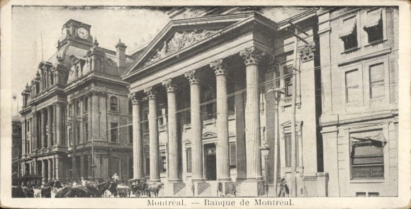 Ak Montreal Québec Kanada, Bankgebäude, Säulen,  Architektur, Pferdewagen