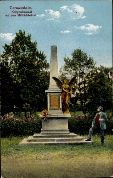 Postcard Germersheim am Rhein, war memorial, statue of an angel, military cemetery, flowering trees