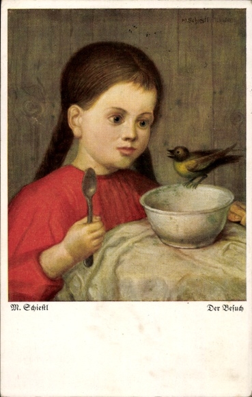 Artist PC Schiestl, Matthäus, The Visit, Girl, Bowl, Bird