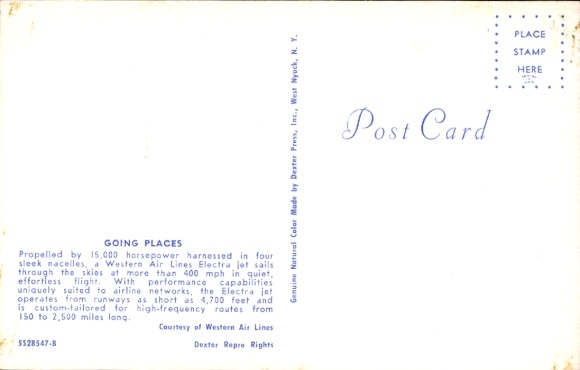 Postcard Western Airlines, Electra, N7135C, passenger aircraft