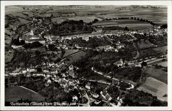 Postcard Bartenstein Schrozberg in Württemberg, aerial view of Bartenstein, vineyards, wooded hills