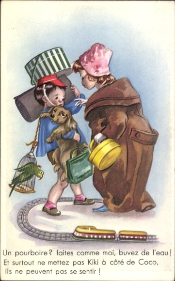 Postcard Hotelboy carries luggage, dog, parrot, toys