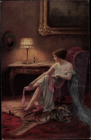 Künstler Ak Schneider, E., Morgentoilette, Tiger-Teppich