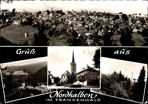 Postcard Nordhalben in the Franconian Forest, general view, church