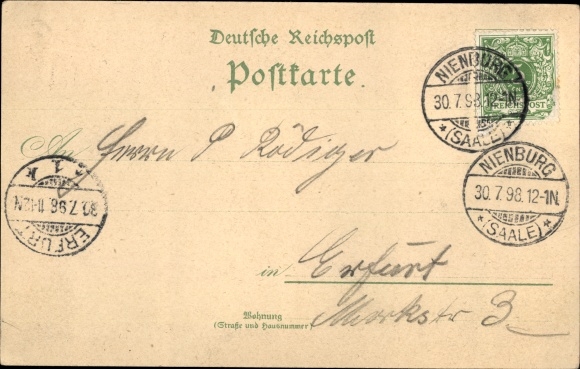 Chromo-Litho Nienburg an der Saale, duke Friedrich bridge, post office, train station, track side, monument