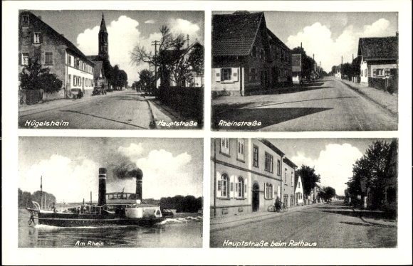 Postcard Hügelsheim Kr. Rastatt, steamer on the Rhine, main street, town hall, Rheinstrasse