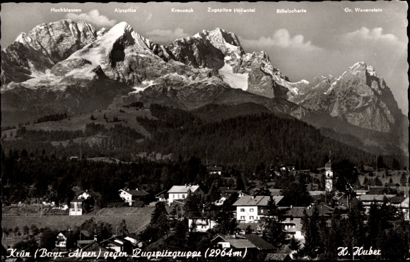Postcard Krün in Upper Bavaria, town view, Bavarian Alps, Zugspitze group