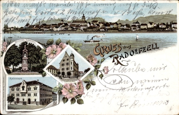 Litho Radolfzell am Bodensee, Gesamtansicht, Rathaus, Denkmal