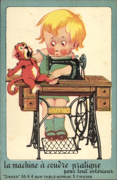 Postcard advertisement, Singer sewing machine, girl mending plush toy