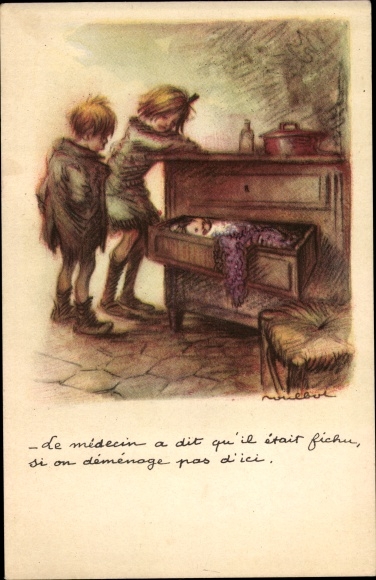Artist Postcard Poulbot, Franciscque, Baby im Schubkasten, The doctor said he was done for