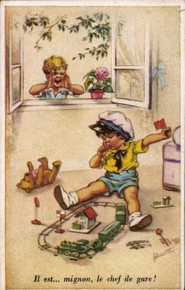 Artist Postcard L'est mignon, the train chef, child with toy train