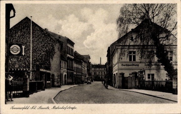 Postcard Sommerfeld Kremmen in Havelland, Bahnhofstraße, bookstore, NSU