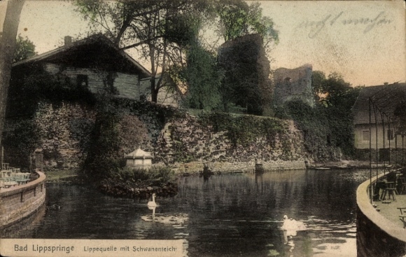 Ak Bad Lippspringe in Westfalen, Landschaft mit Lippequelle, Schwanenteich, Gebäude, Bäume