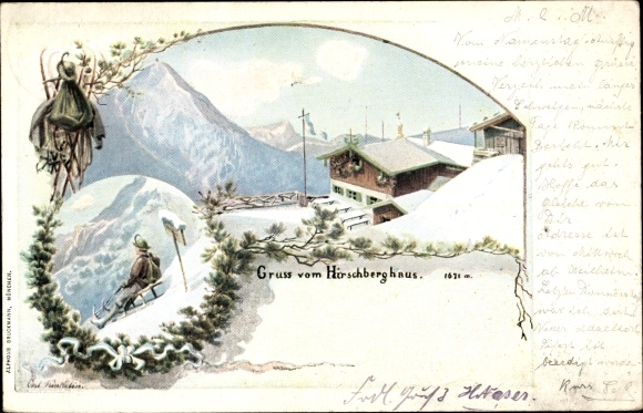 Artist PC Bad Wiessee in Upper Bavaria, Hirschberghaus, man on a sled, mountains