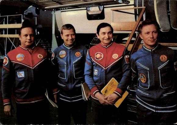 Postcard Joint Space Flight USSR/GDR, Sigmund Jähn, Valery Bykowski, Eberhard Köllner, Viktor Gorbatko