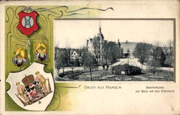 Ak Hameln an der Weser Niedersachsen, Bahnhofsplatz, Klütturm, Wappen