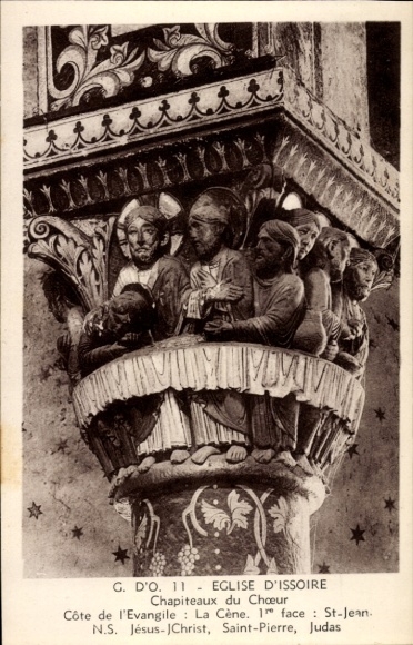 Postcard Issoire Puy de Dôme, relief depiction, Jesus Christ, Saint-Pierre, Judas, St-Jean, Chapitea